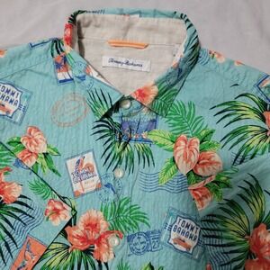 Tommy Bahama Camp Shirt Aloha From Paradise Mens M Aqua Short Sleeve Cotton